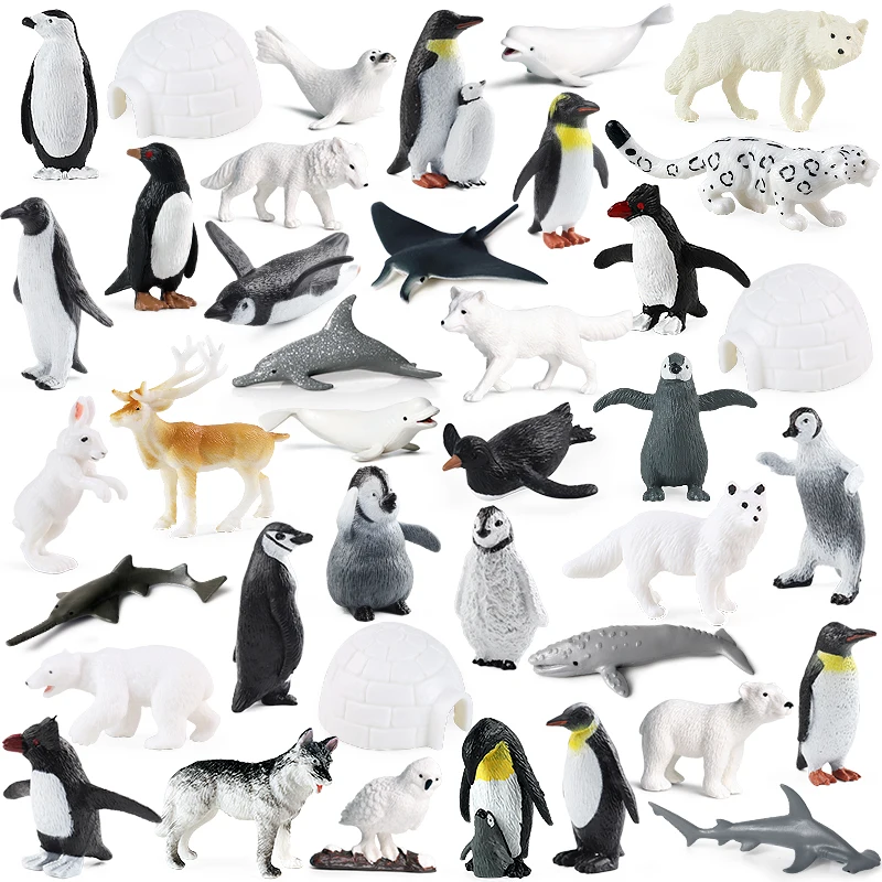 Oenux Arctic South Pole Animals Set Polar Bear Penguins Igloo Wolf Beluga Whale Action Figures Model Figurine PVC Kid Toy Gift