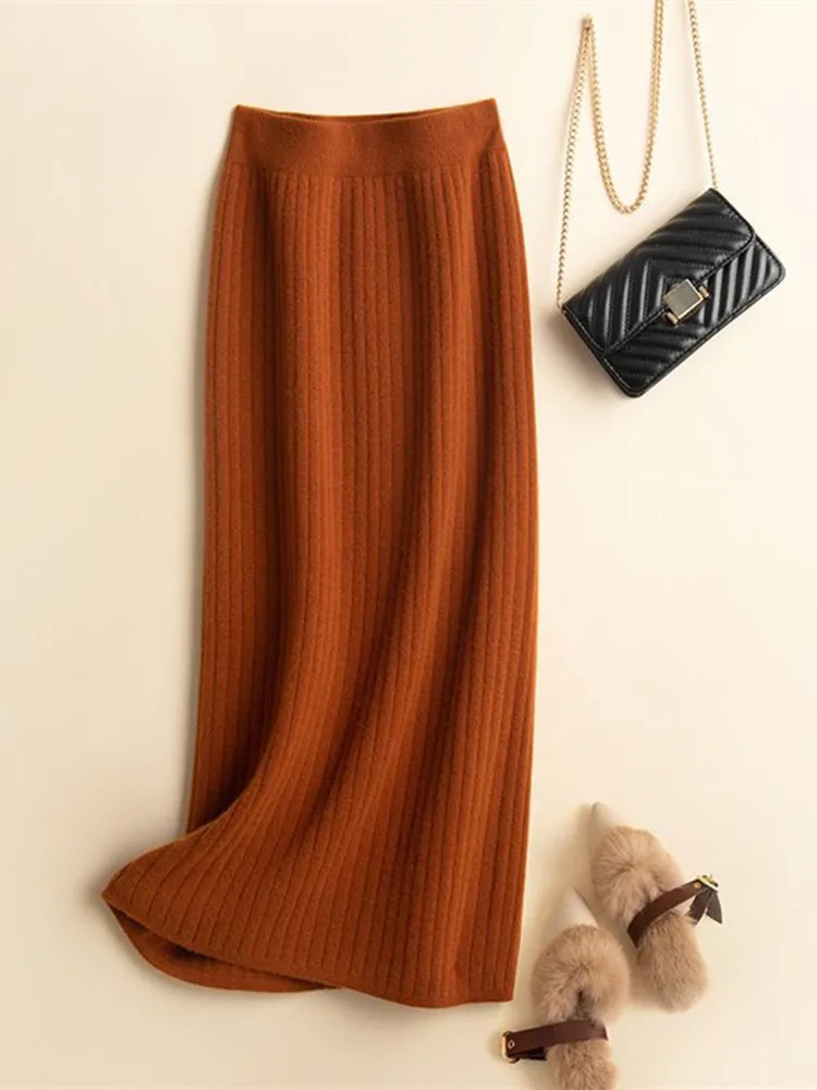 

Шерстяная вязаная юбка-полусолнце Qingdao для женщин, средней длины, из кашемира, с запахом, с высокой талией, в деловом стиле, с полосатым узором