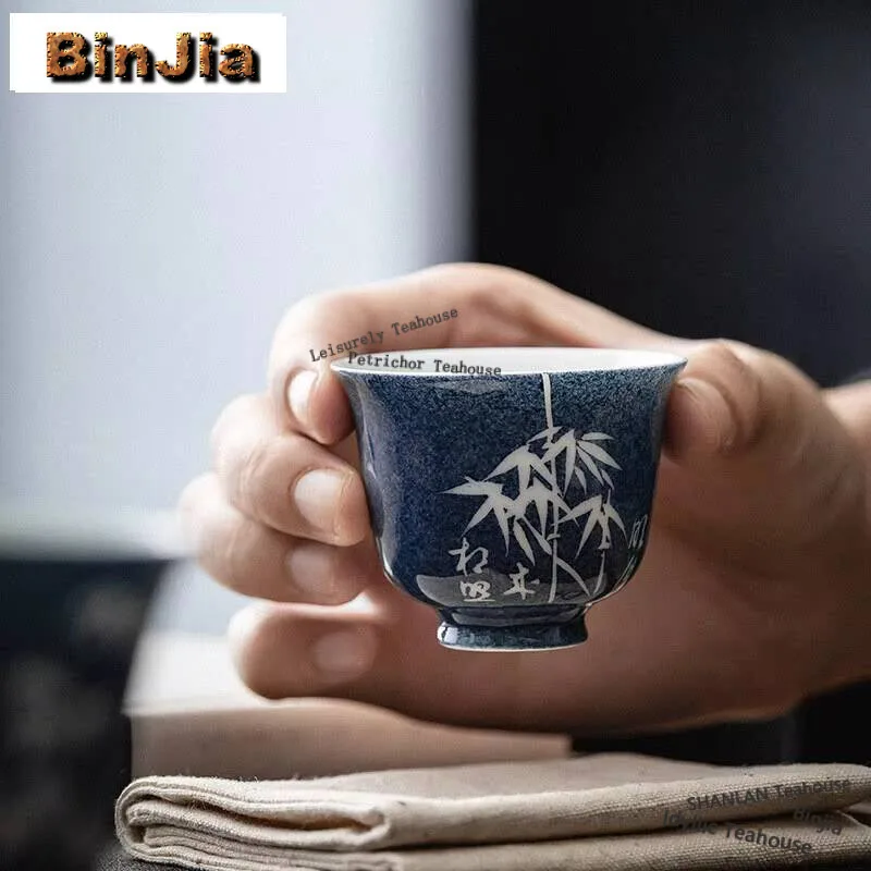 

2 шт./компл., синяя чашка Master, бытовая бамбуковая чашка с ручной росписью, роскошная чашка для медитации, чаша для чайной церемонии, подарки для рукоделия, 40 мл