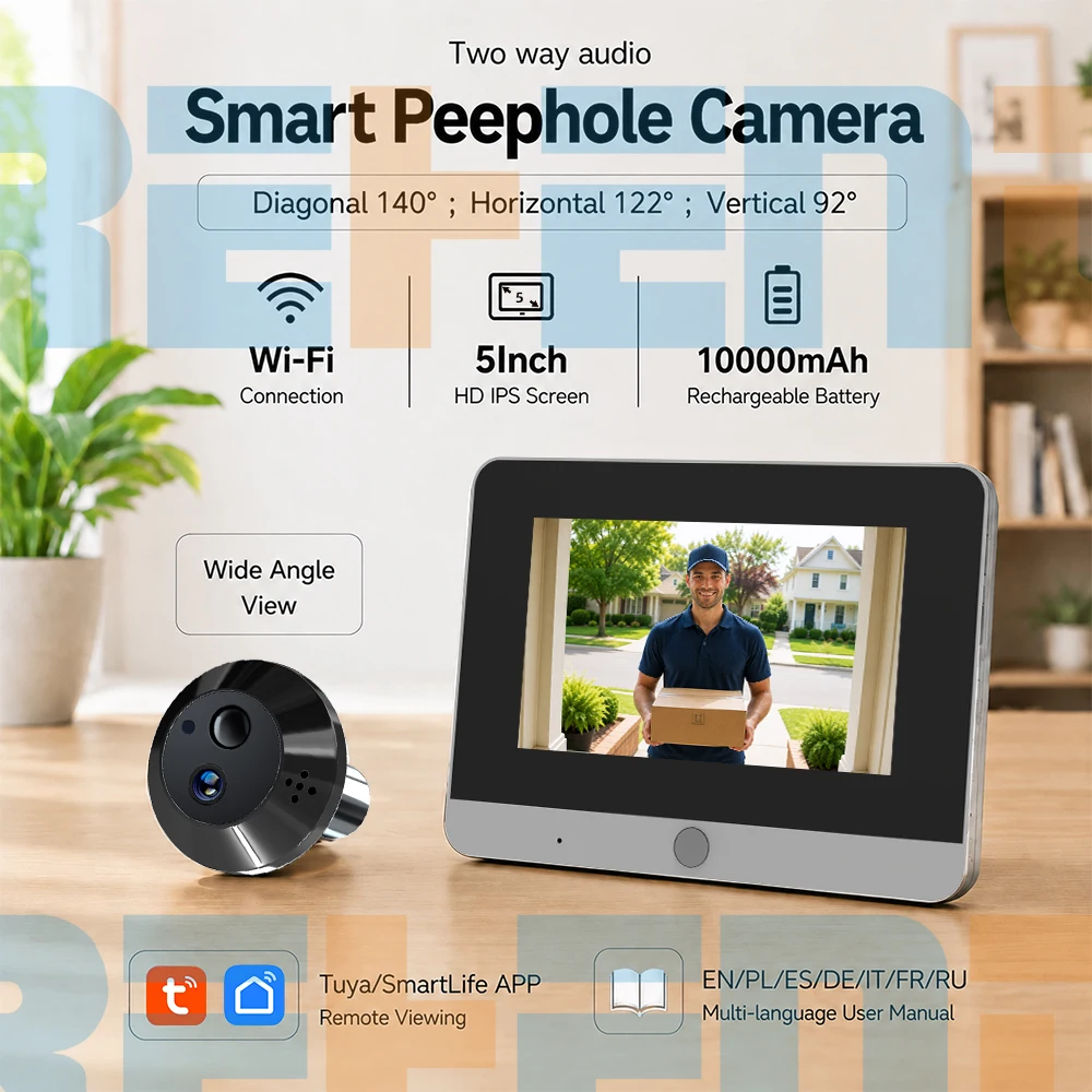 MINI Caméra de porte intelligente WiFi Tuya SmartLife avec écran 5 pouces, 2MP, infrarouge PIR, fonction de conversation bidirectionnelle, batterie 10000mAh, autonomie de 3 à 4 mois