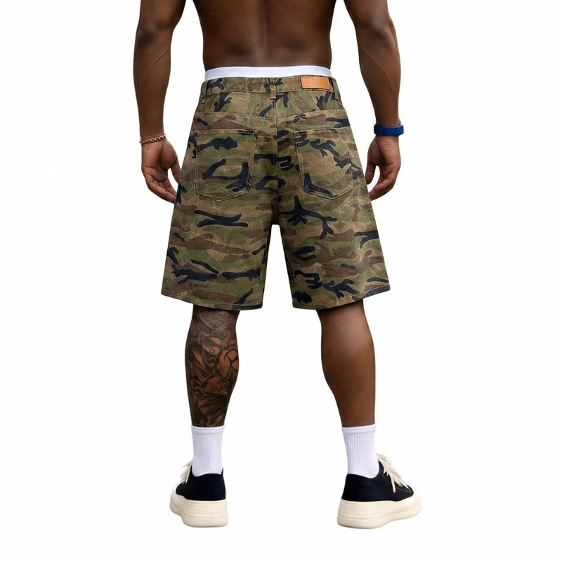 Mens Denim Shorts Camo Metal Buckle Streetwear Shorts Harajuku Unisex Loose Fit Wide Leg Casual Summer Fashion Trend New Arrival