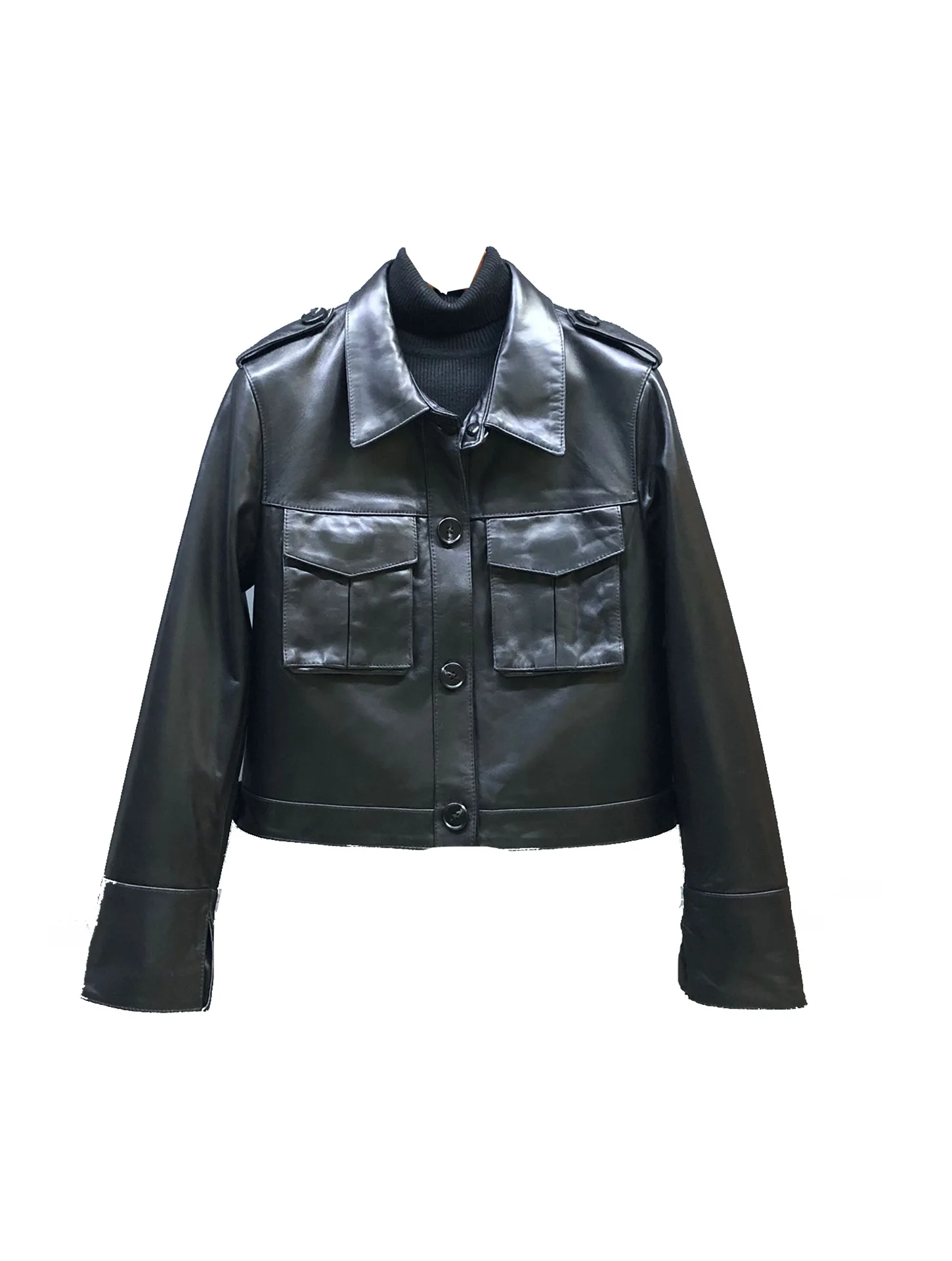 Echt leer, schapenvacht, casual, enkelknoops damesjas, leeftijdsonthullende bikerjas, veelzijdige korte lengte, woon-werkmode