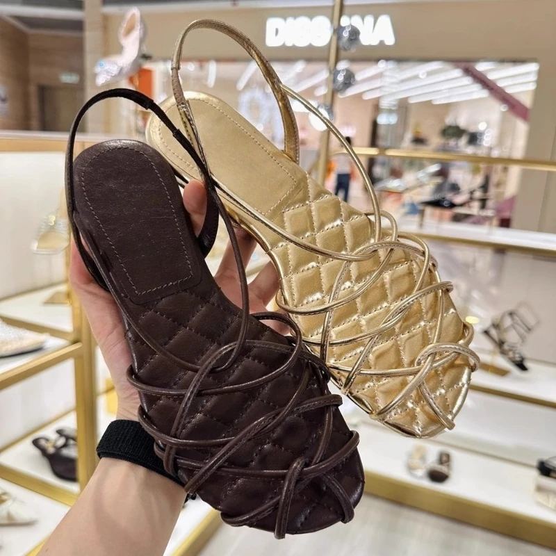 

Плетеные полые сандалии на плоской подошве для женщин, удобная нескользящая повседневная пляжная обувь с круглым носком, женская летняя новая модельерская женская обувь