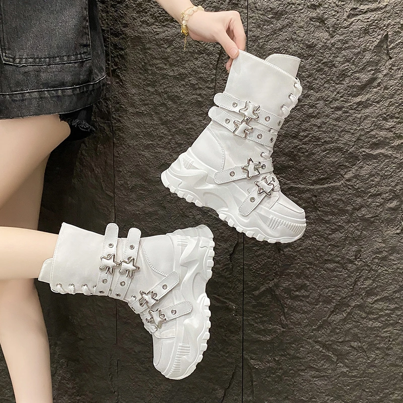 White Trendy Boots Women High Top Sneakers Platform Zip Ankle Boots Femme Chaussures Femmes Height Increase Outdoor Sports Shoes