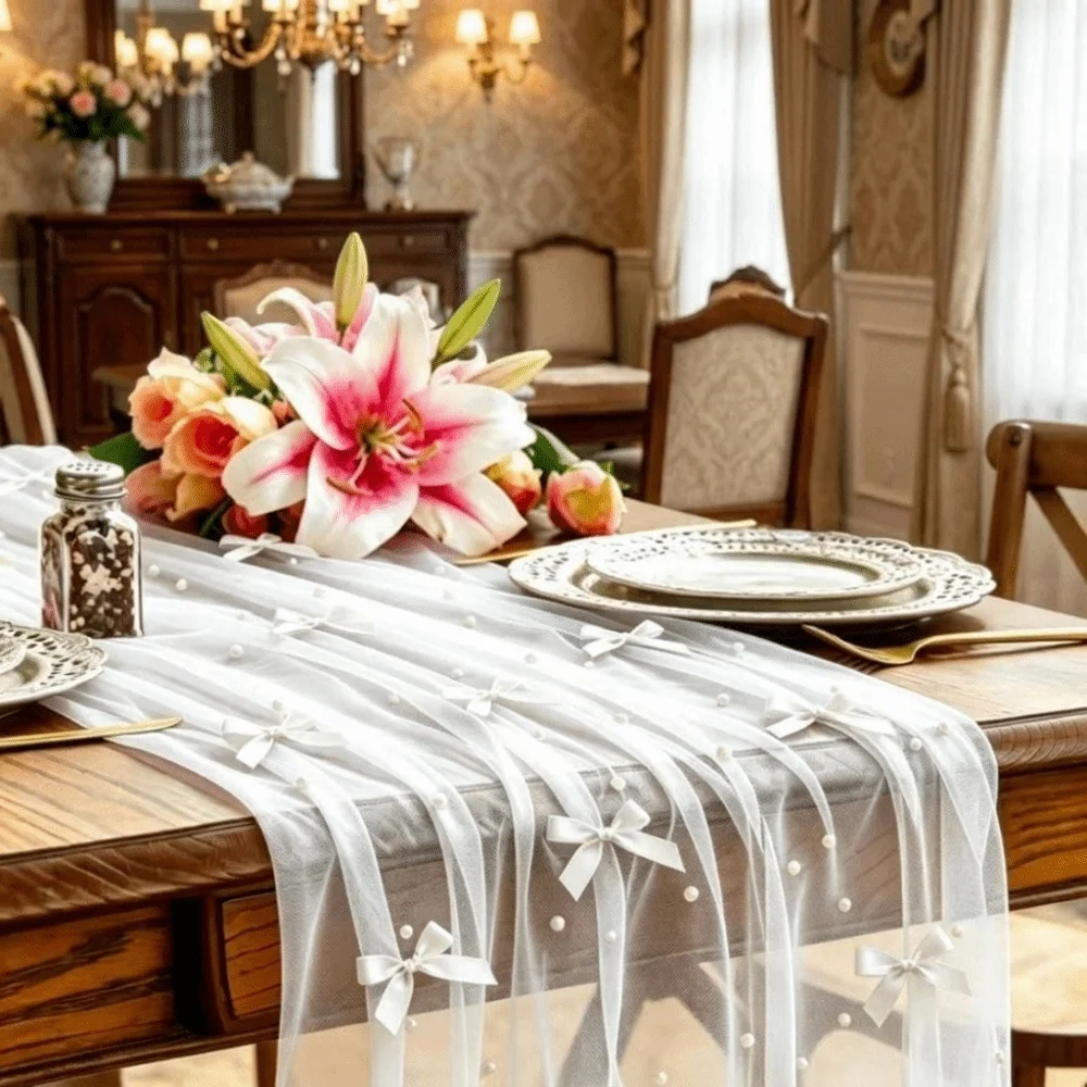 Romantic Bow Pearl Chiffon Runner Semi-Transparent Polyester Tulle Table Runner Luxury Decorative Wedding Table Runner Party