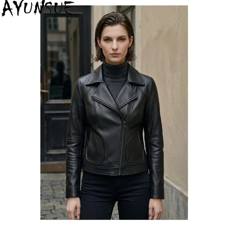 AYUNSUE Real Leather Jacket Woman Short Fitted Sheepskin Jackets for Woman Spring Autumn Long Sleeve Tops Woman Clothes Jaqueta