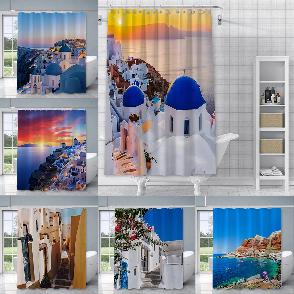 Modular Santorini Greece Pictures Shower Curtain Waterproof Polyester Fabric Bath Curtains Home Bathroom Decor Curtain With Hook