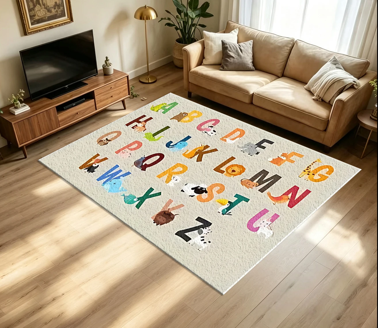 Cute Animal Alphabet Print Carpet Non-Slip Washable Floor Rug Suitable for Children's Room Bedroom Home Decoration
