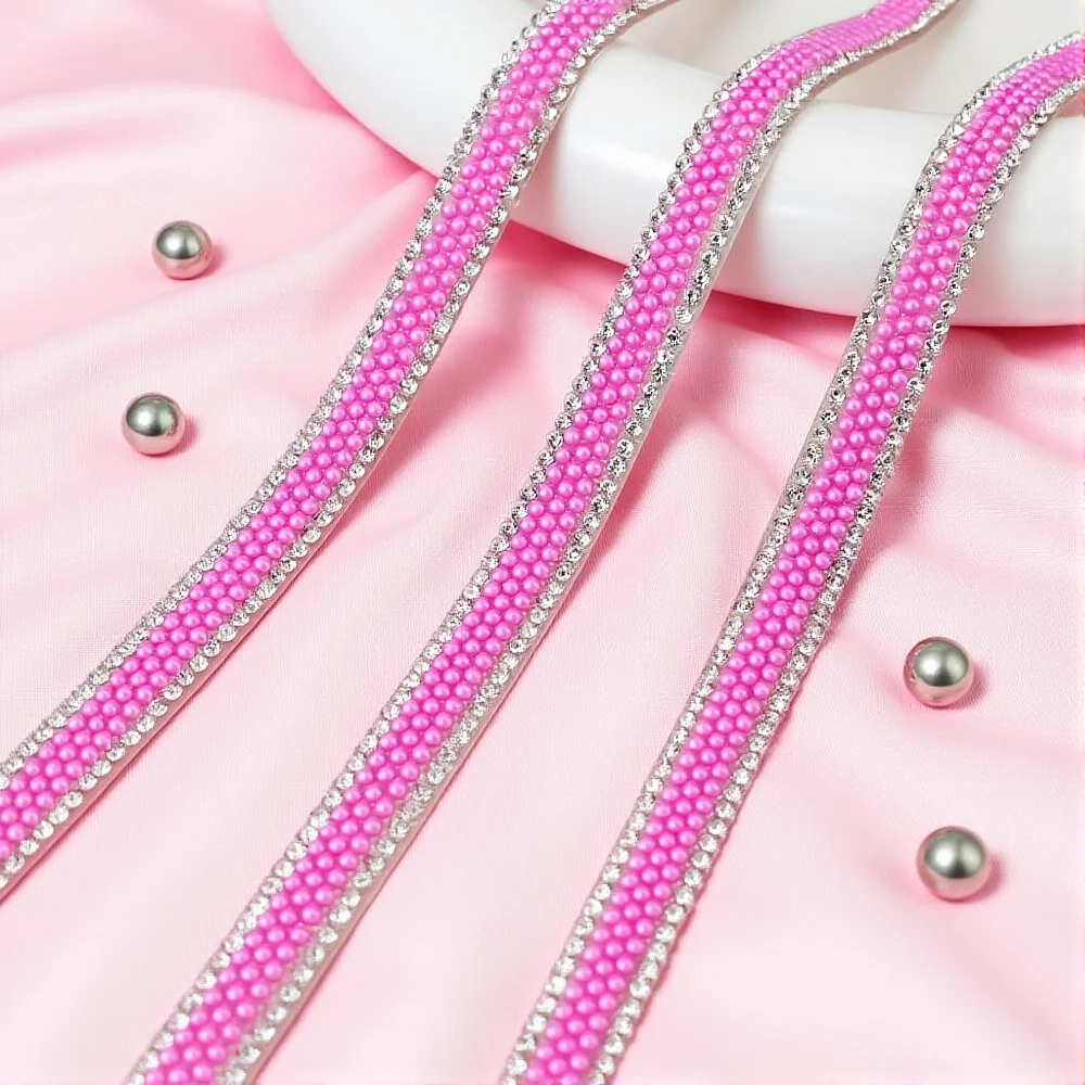 Self Adhesive Artificial Pearl Rhinestone Sticker Diamond Ribbon Diy Decoration for Arts Crafts Sewing Diy Event 90cm/Roll 1cm