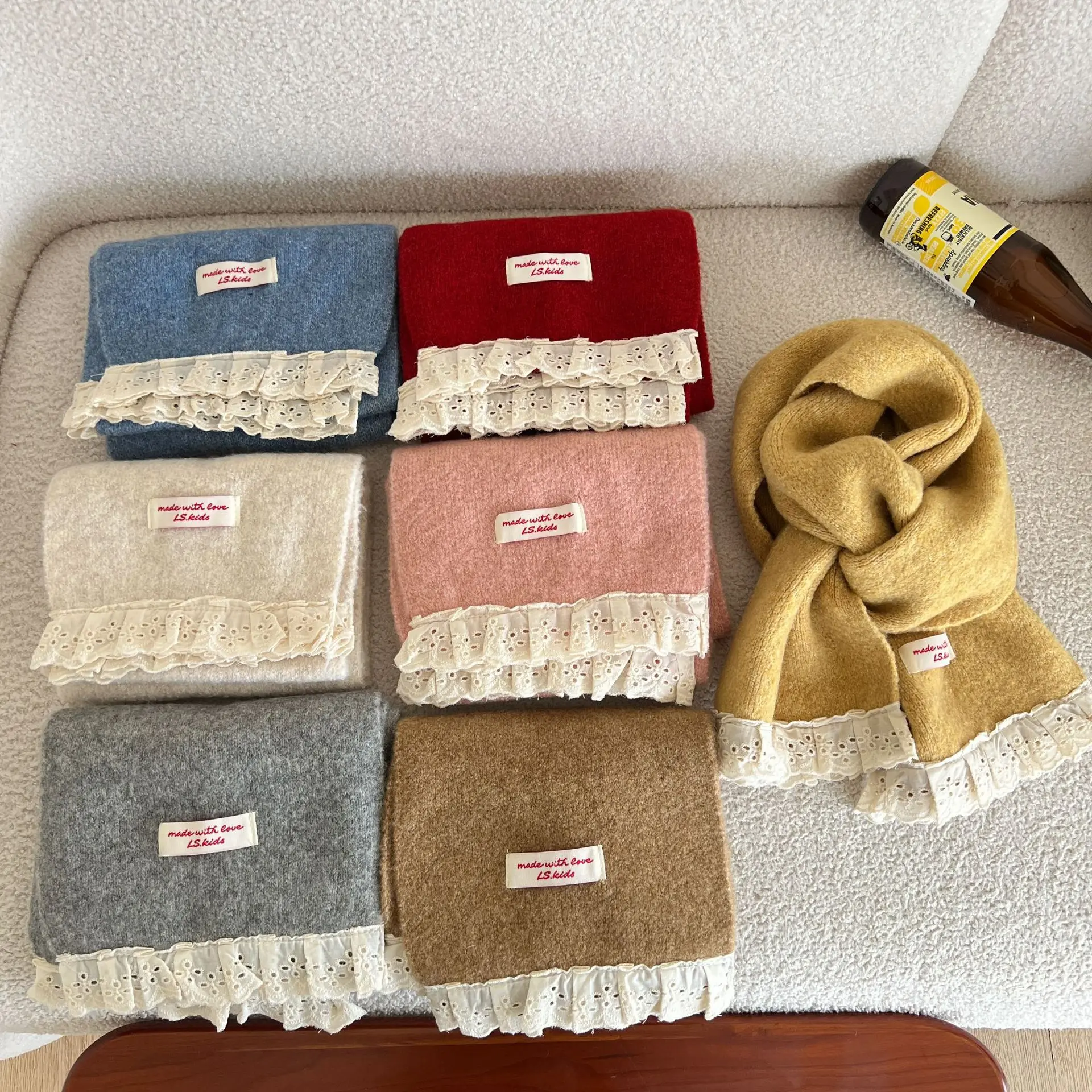 2-12 Years French Lace Solid Color Knitted Scarf Girls Autumn and Winter Versatile Warm Neck Protection Wool Scarves