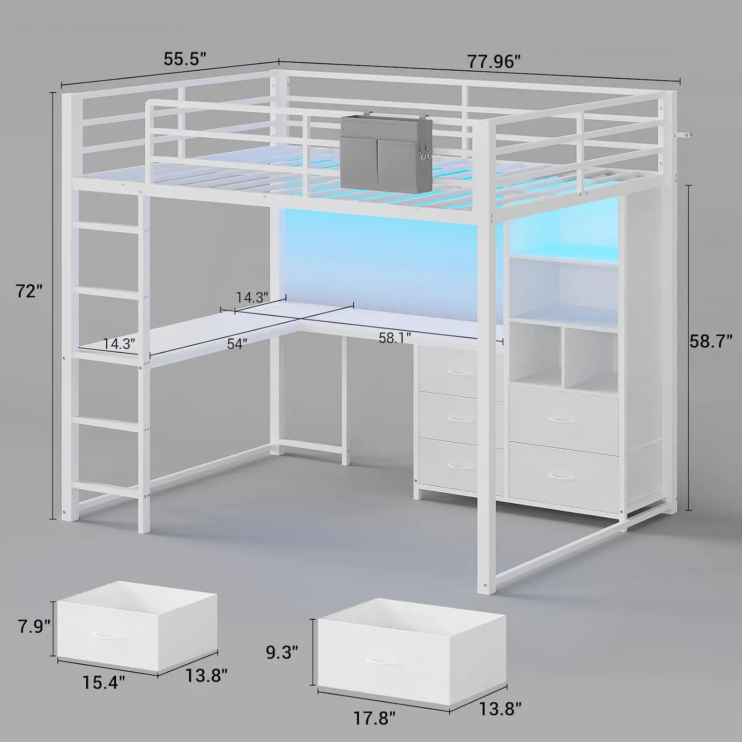 Full Size Loft Bed L Desk Bookshelf 5 Drawers White Metal RGB LED Light Power Outlet Safety Guardrail Ladders No Box Spring Need