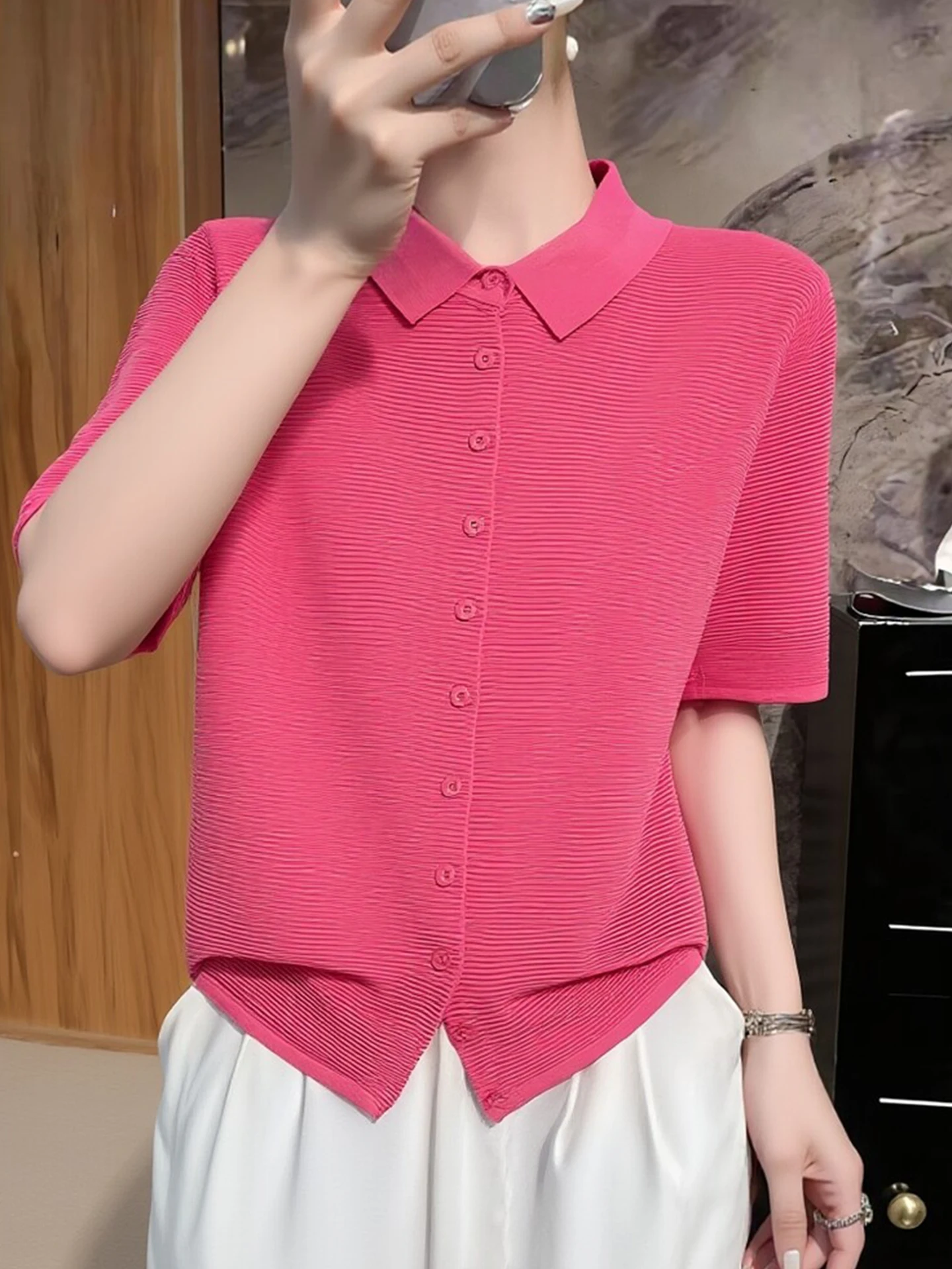 

Ele White Collar ort Sve Loose Fit oulder Spring Top Korean Sle Commute Silk Blend Ladies Faion irt