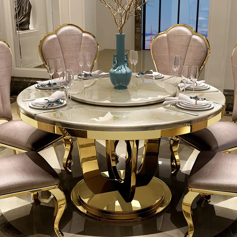 

European marble dining table combination round table with turntable luxury big round table