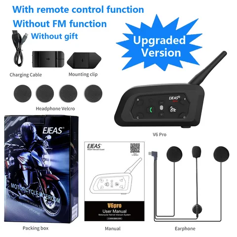 Мотогарнитура EJEAS V6 Pro С Bluetooth, Дальность Связи 1200 М, Водонепроницаемая, Универсальная Совместимость С Шлемами