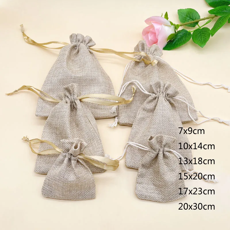 100pcs Jute Gift Bags Burlap Linen Sack Small Jute Bag for Women Christmas Webbing Gift Bag Drawstring Storage Packaging Pouches