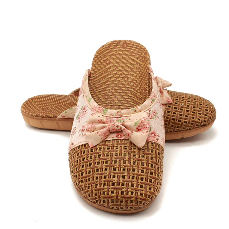 Women Home Slippers Flax Slippers Casual Slides Floral Bow Linen Indoor Slippers Female Summer Sandals Home Shoes Women