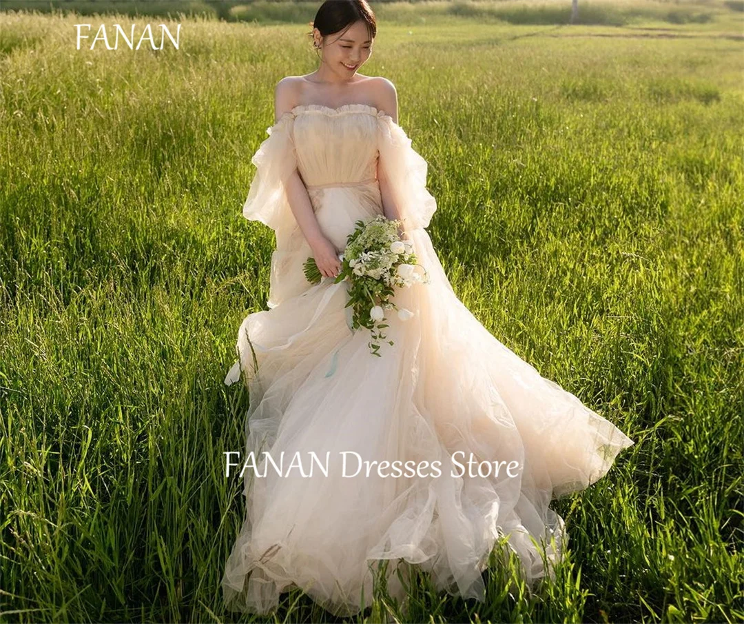 

FANAN Korea Elegant Ivory Strapless Simple Wedding Dresses 웨딩드레스 A-Line Champagne Tulle Corset Made Bride Gowns Plus Size