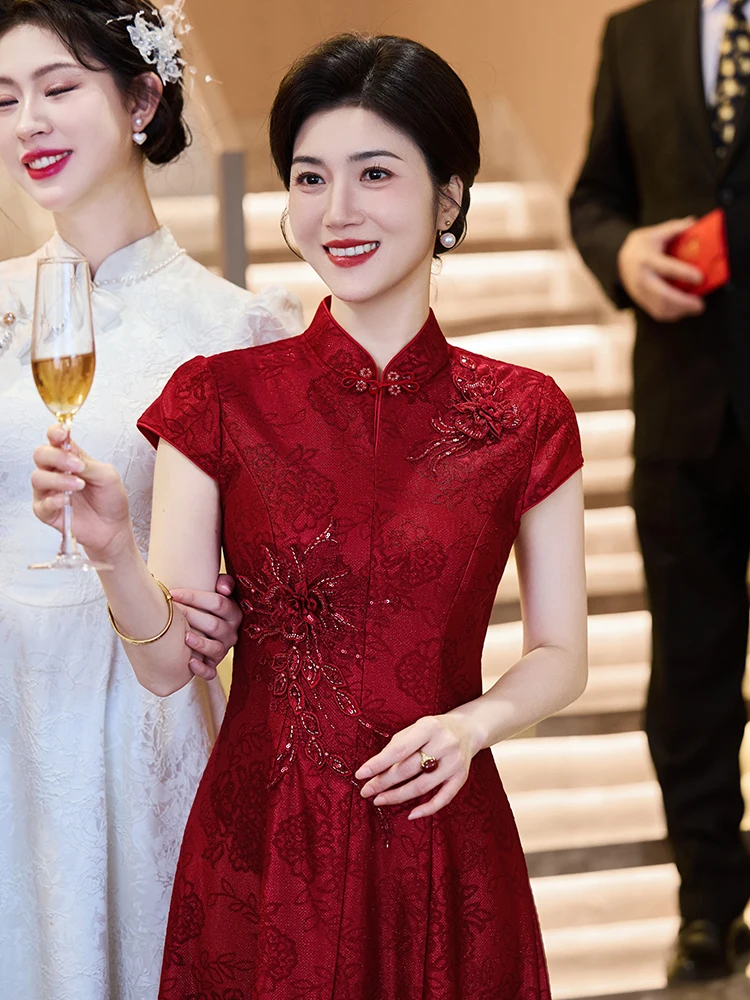 

Red Young Bridesmaid Wedding Dr Ele Faionable High Quali Polyester Fiber ort Sve round Collar