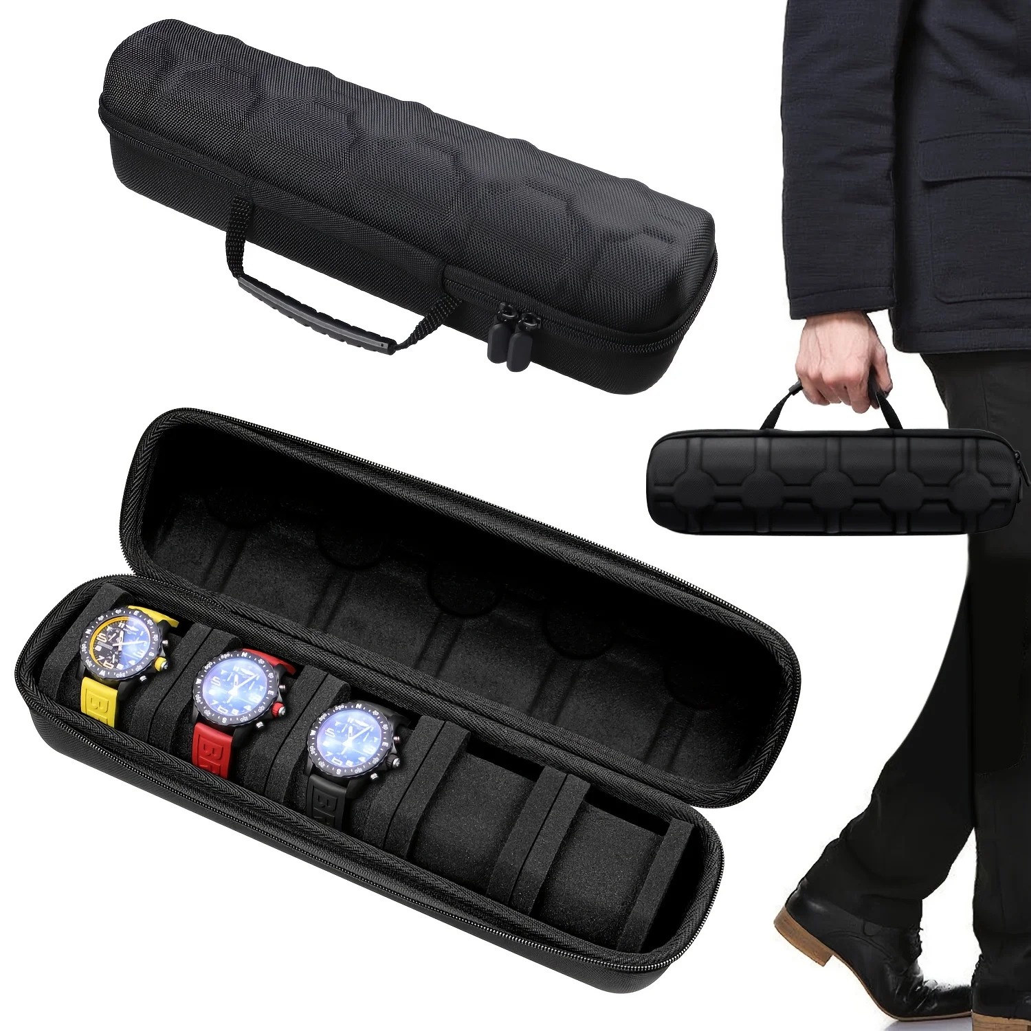 5-Grid Hard Shell Watch Organizer - Portable Travel Case with Pillow Liner, Gift-ready Black Storage Box for Smart Watch