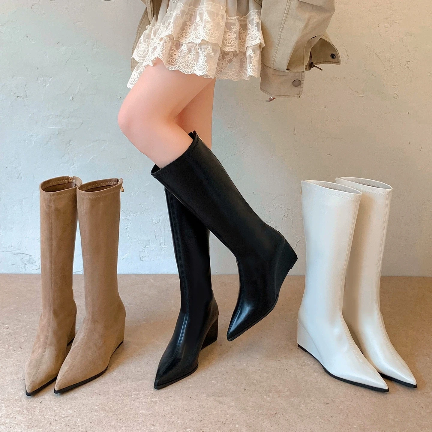 Versatile Mid-Calf Boots Women's Pointed Toe Slope Heel Fashionable Slimming Leather Boots Autumn Winter New Style Retro Wind