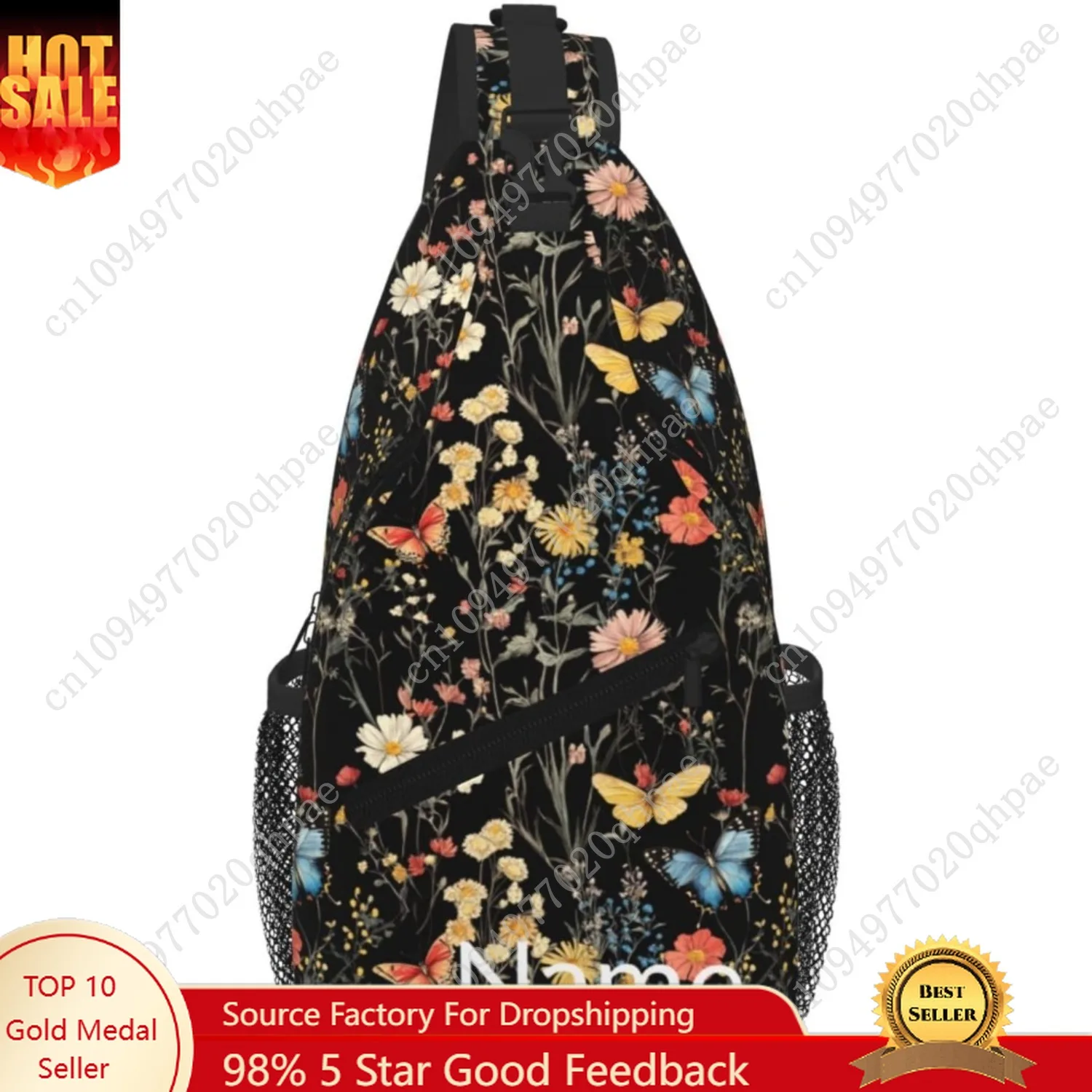 

SUPLUCHOM Custom Sling Bag With Name Wildflower Botanical Butterfly Flower Personalized Hiking Daypack Customized Crossbody Shou