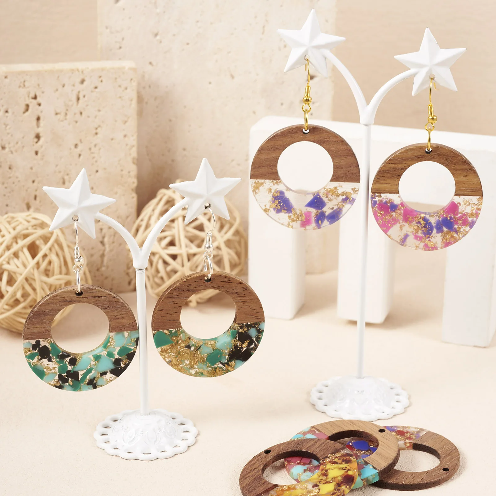 16-20pcs 38mm Natural Wooden Donut Pendants Hollow Round Resin & Walnut Wood Charms for Jewelry Making Women Earrings Necklace