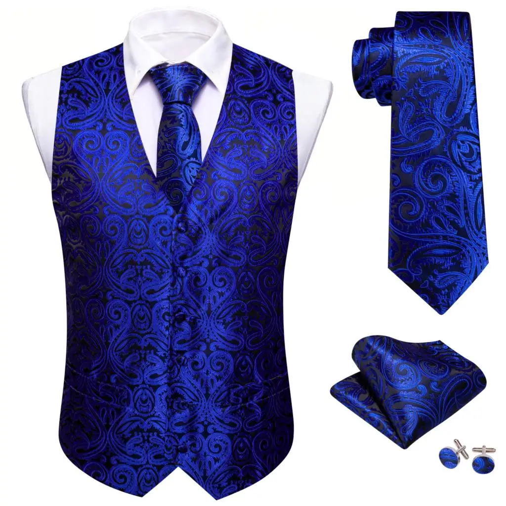 Silk Blue Paisley Wedding Party Formal Men Dress Vest Waistcoat Tie Set Male Clothes Elegant Suits Sleeveless Jacket Barry Wang