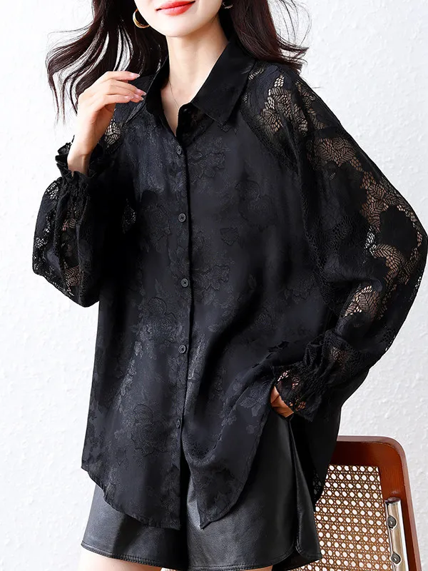 

SuperAen Oversize Women's 2026 Spring New Lace-embroidered Jacquard Shirt Lapel Collar Long-sleeved Casual Shirts
