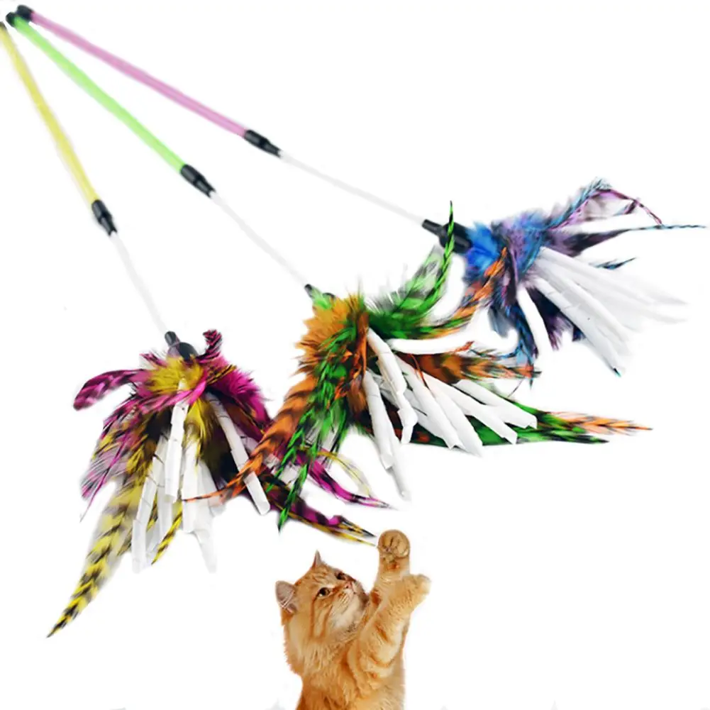 Cat Wand Toy Feather Teaser Stick Cat Toys Interactive Kitten Toy Wand Sticks Chicken Hair for Indoor Cats Playing Exercise