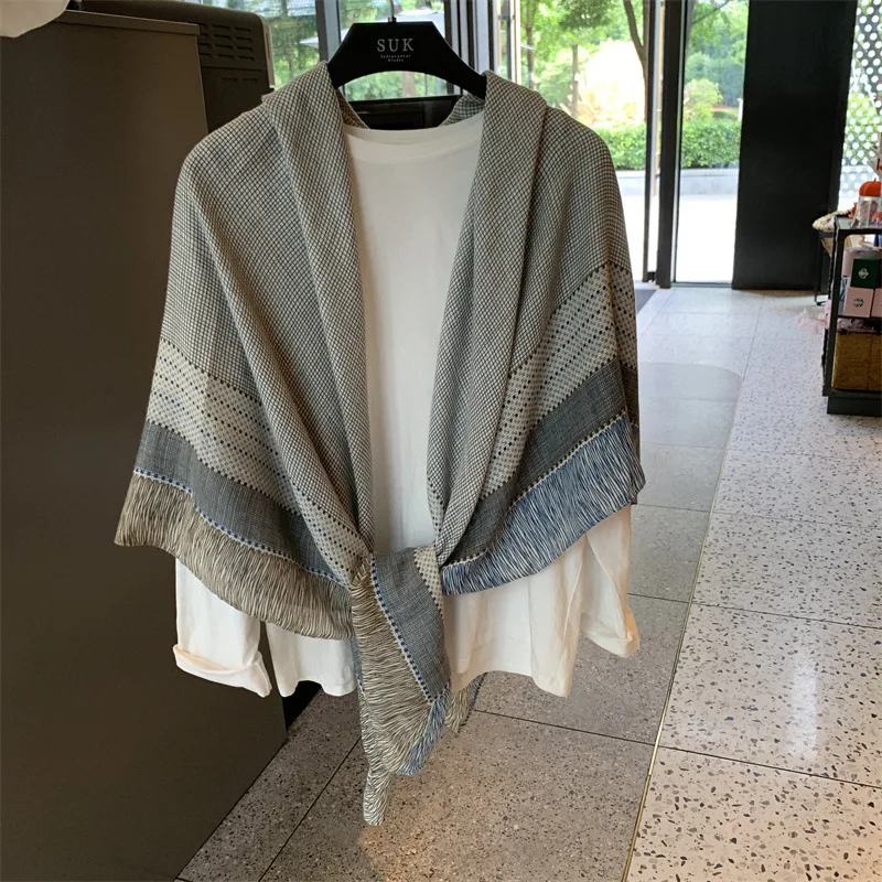 

Cloak Scarf Women Tassel Capes Thin Top Work Print Ponchos Y2k Streetwear Casual Jacket Elegant Splice Tops Autumn 2025