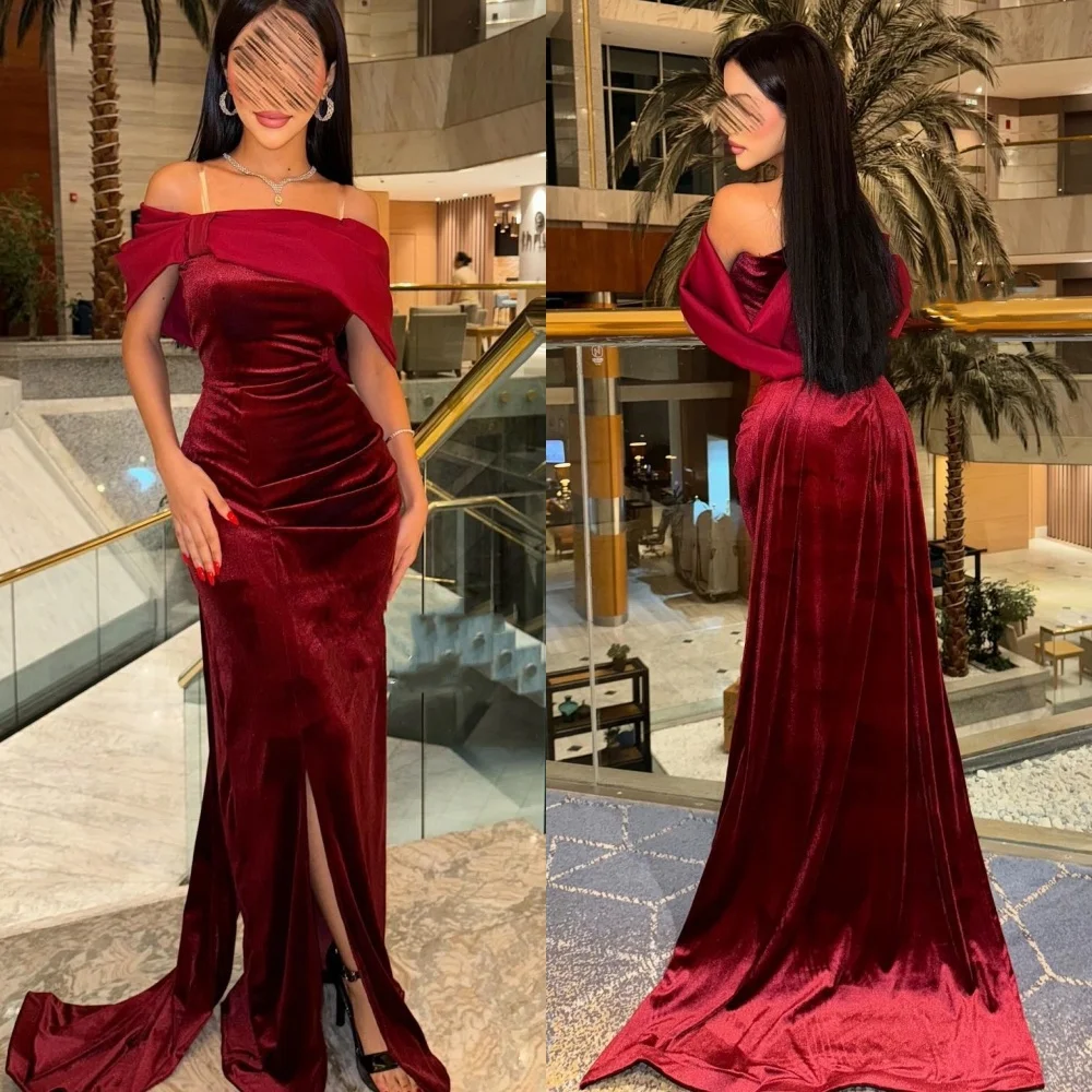 

Customized Simple High Quality Velour Pleat Bow Ruched A-line Off-the-shoulder Long Dresses Bespoke Occasion Dresses Exquisite