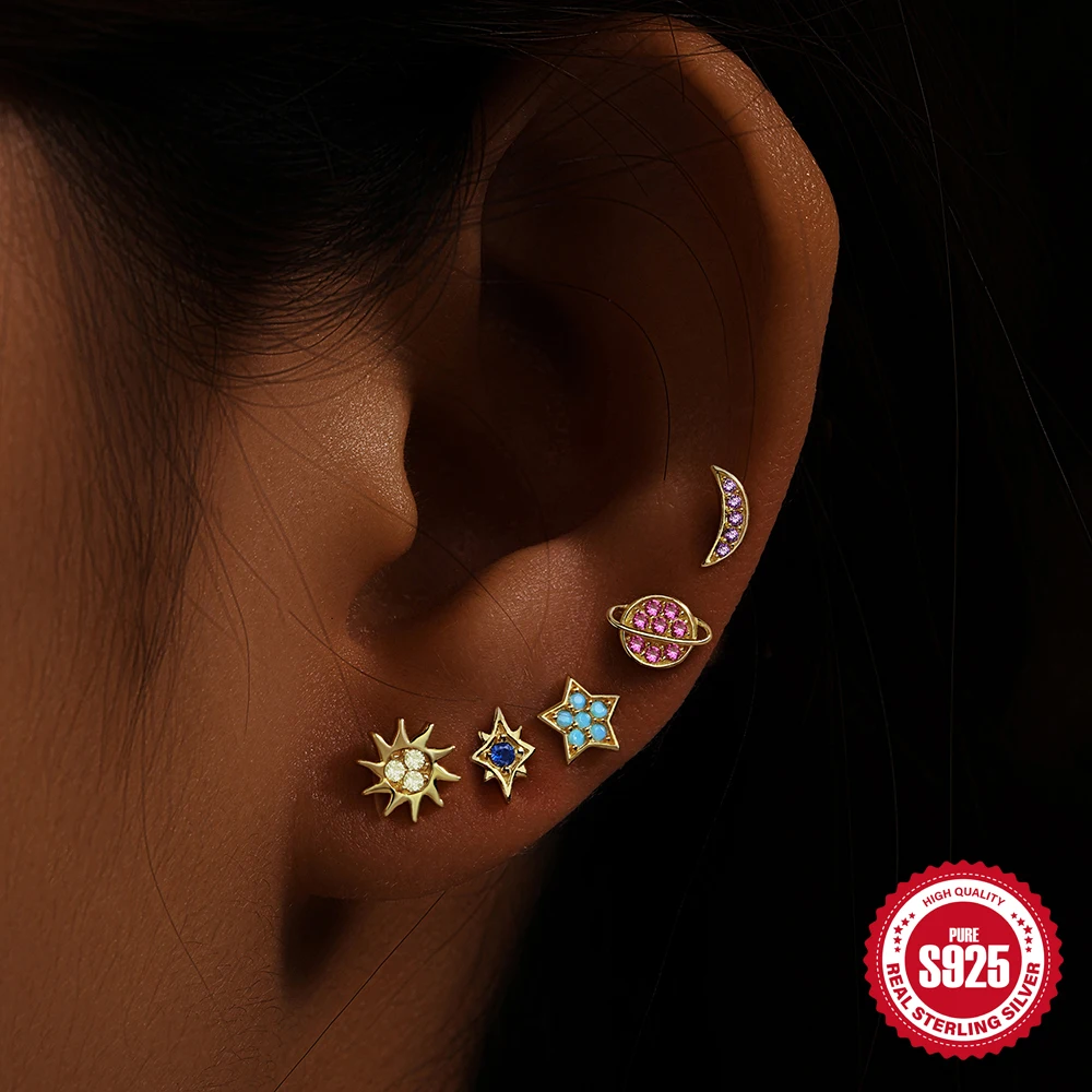 Aide 5pcs Set 925 Sterling Silver Star Moon Sun Colored Zircon 18K Gold Stud Earrings For Women ins Luxury Jewelry Gift