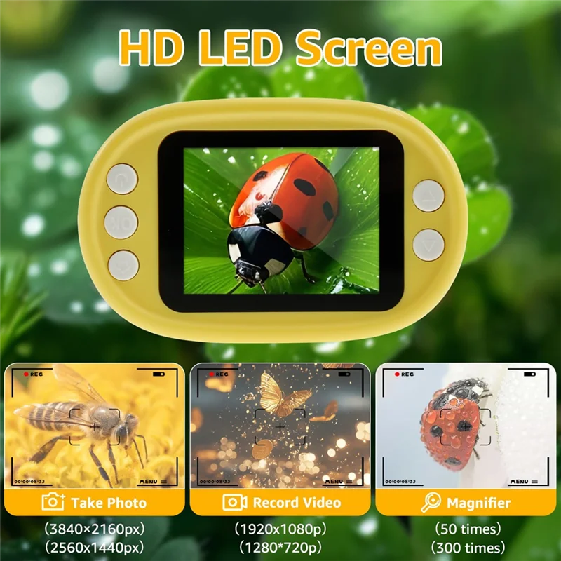 Microscópio 1000X para crianças, mini microscópio infantil portátil de bolso com tela de 2,0 polegadas e kit de slides, mini microscópio infantil