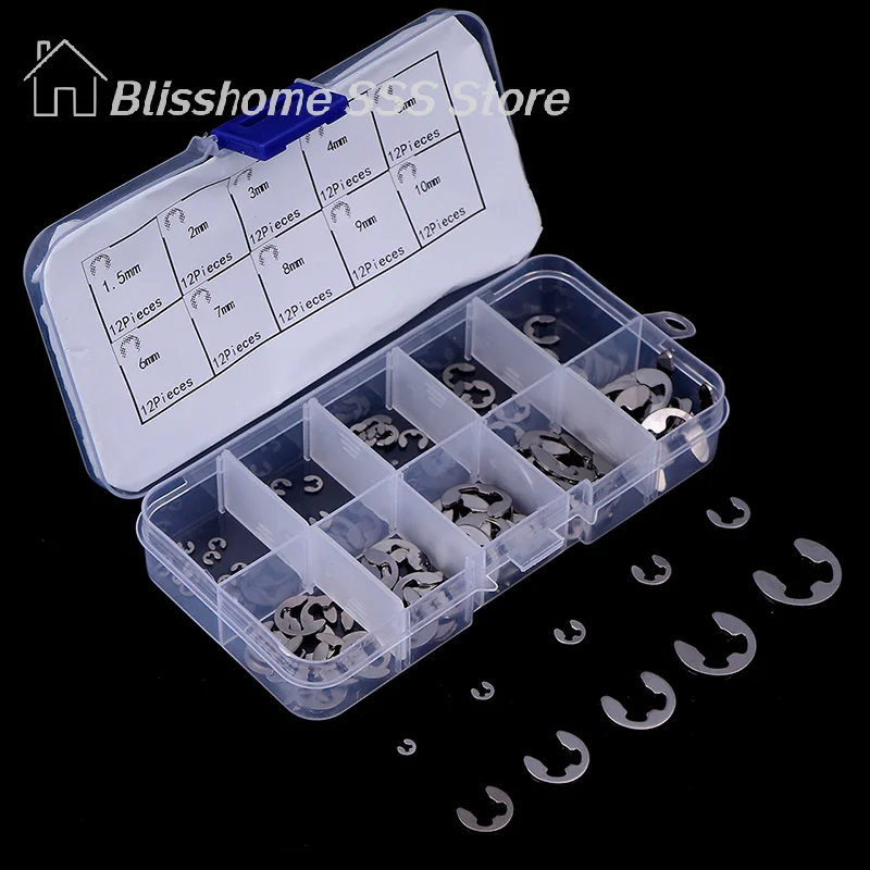 【S】120 Peças/Caixa Kit Sortido de Anéis de Retenção E-Clip em Aço Inoxidável 304 M1.5~M10 Qualidade Profissional para Uso em Oficina