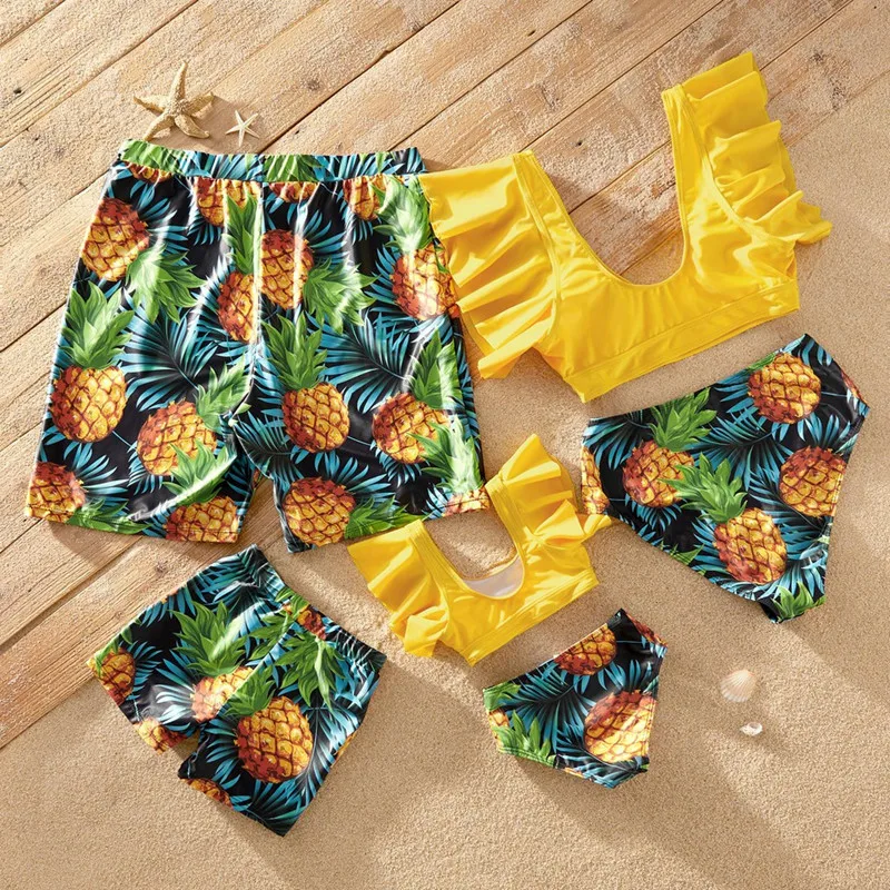 Family Matching Swimsuit Multiple Colors Tropical Fruit Print Splicing V Neck Split Style Swimsuit Summer Swim Trunks Shorts