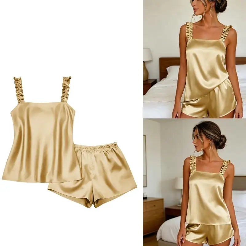 Satins Pajama Set for Women Silk Pajamas Set Ruffle Strap Camisole Top and Shorts Sleepwear 6XDA