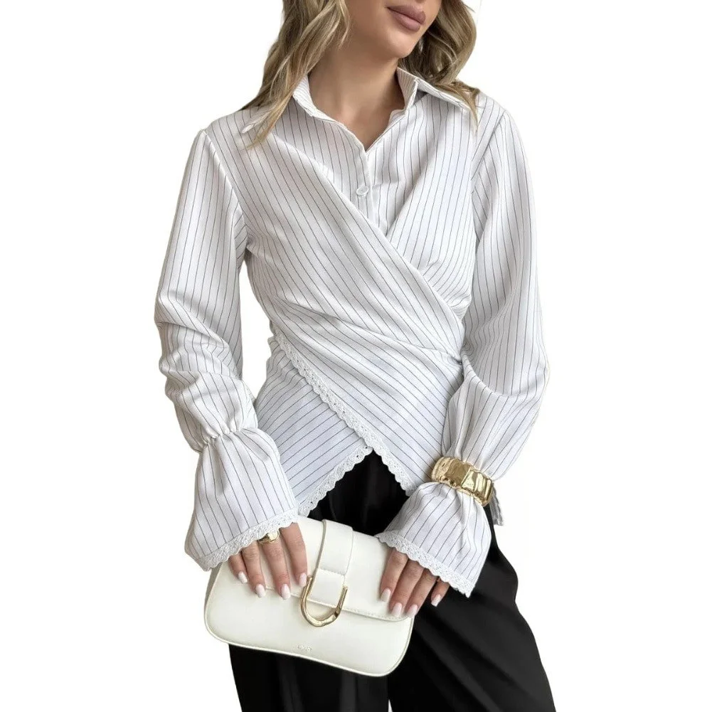 Vacation Fitted Shirt Lace Shirt Long Sleeve Tee Women Striped Shirt Lace Detail Striped Texture Regular Length