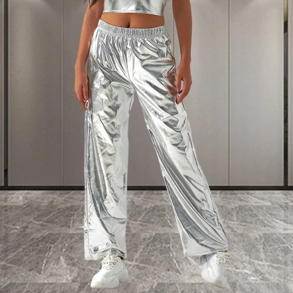 Women Metallic Pants Trendy Women's Metallic High Waist Pants with Wide Leg Pockets for Hip Hop Streetwear Fashion Holographic