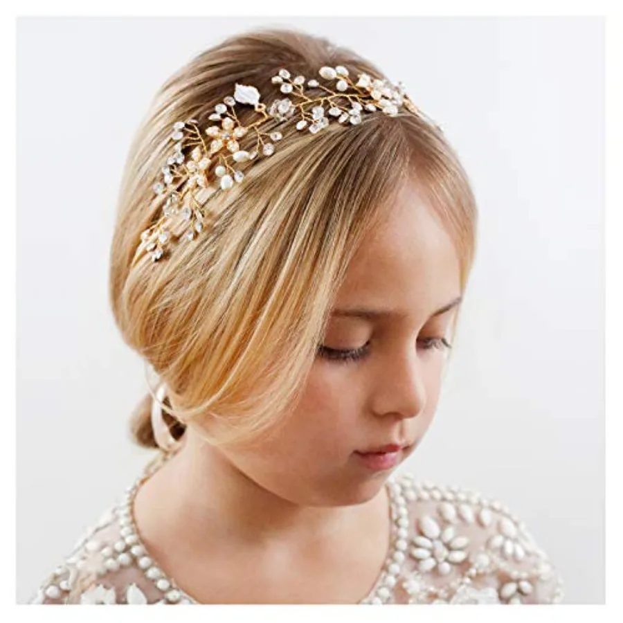

SWEETV Flower Girl Headband for Wedding, Baby Girl Flower Pearl Hair Pcs, Headpiece for Birthday Party, Photography