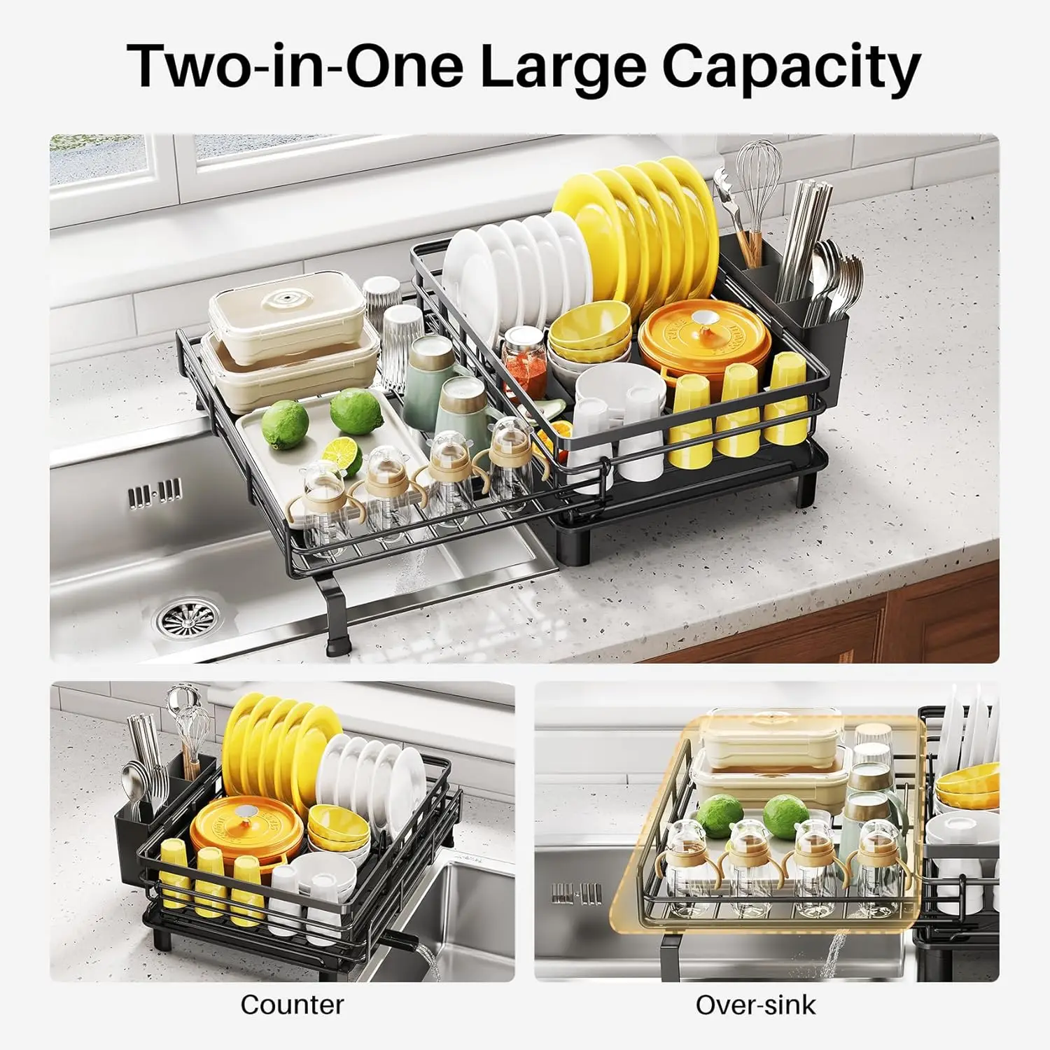 Extendable Dish Drying Rack with Utensil Holder, Large Stainless Steel Sink Drainer for Kitchen Counter in Black