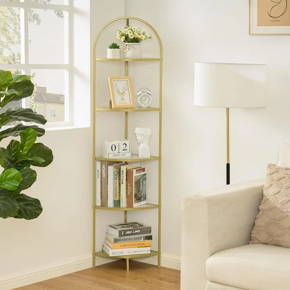 

5-Tier Metal Bookshelf with Tempered Glass Shelves, Bathroom Storage Rack, Plant Stand, Modern Style