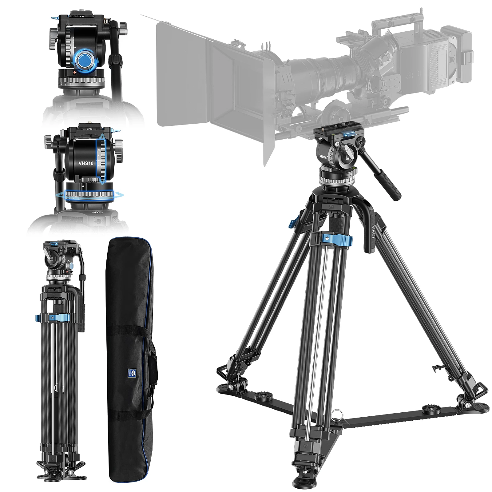 SIRUI SQ75+VHS10 Zwaar uitgevoerd koolstofvezel camerastatief 182 cm Professioneel videostatief met demping Videovloeistofkop voor DSLR-camcorder Max. belasting 10 kg