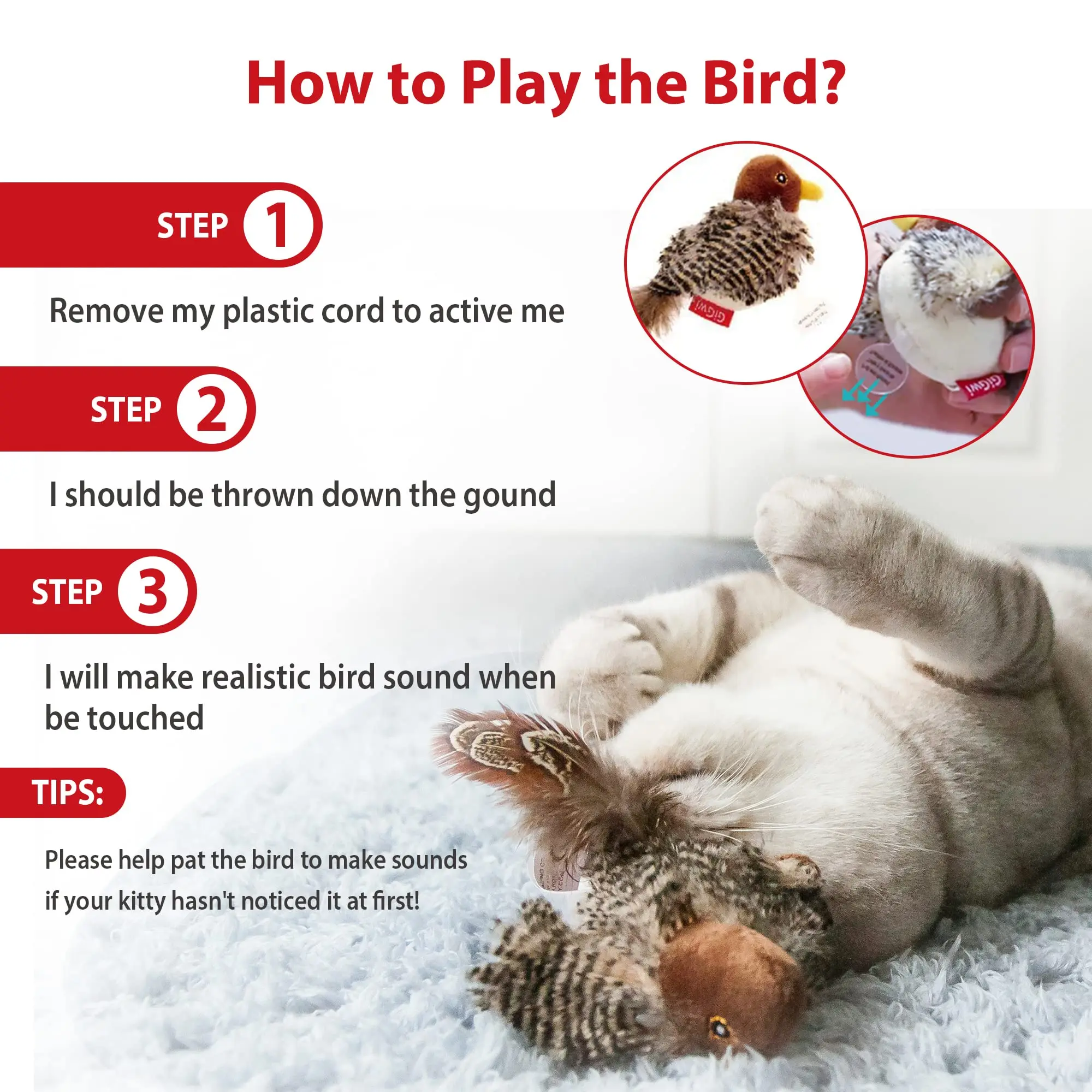 GiGwi Sound Bird Toy Cat Feather Toys Cat Feather Toys Interactive Cat Toy With Sounds Sound Toys Brown Bird, Hedgehog, Mouse image 3
