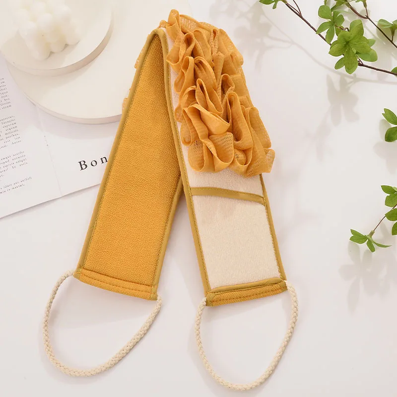 Tiras para tirar hacia atrás de flores de baño, bolas de ducha de doble cara 2 en 1, toalla de baño, exfoliante de barro, toalla de baño para frotar la espalda, tiras para frotar la espalda