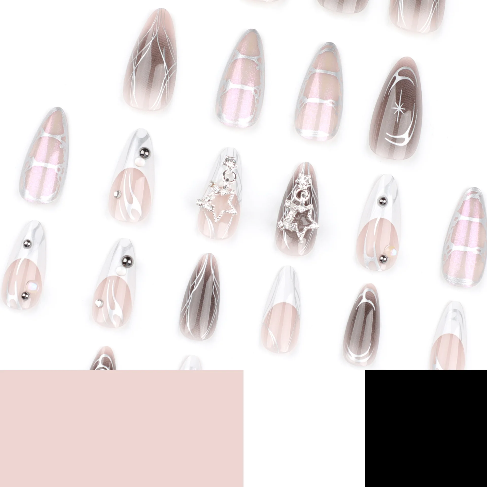 Destacável branco amêndoa unhas postiças, strass arte dicas, simples imprensa sobre unhas, design francês, rosa, 24pcs