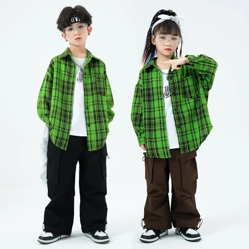 

New Hip Hop Teen Girls Plaid Shirt Loose Pants Boys Blouse Street Dance Wear Clothes Sets Kids Streetwear Children Jazz Costumes