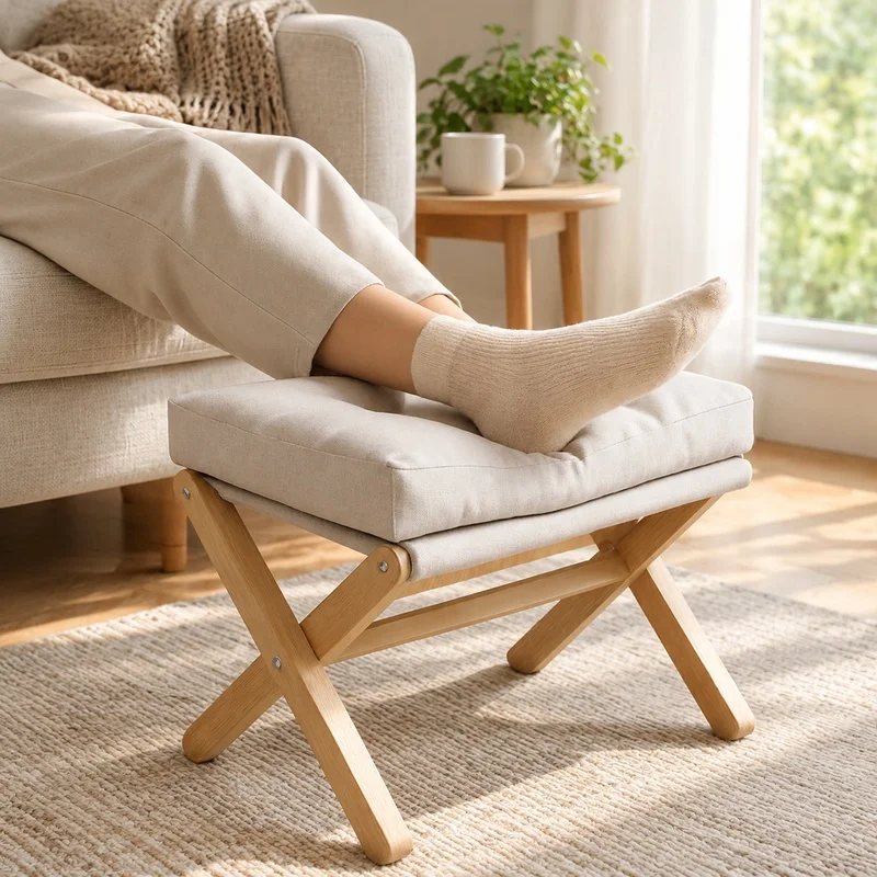 Compact Wooden Footrest Stool with Plush Cotton Padding for Living Areas and Entryways