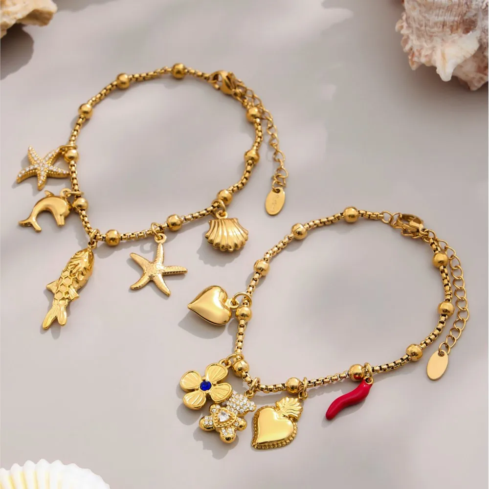 الفولاذ المقاوم للصدأ قلادة سوار للنساء 18 كيلو مطلية بالذهب مع الأسماك نجم البحر شل سحر القلائد النسائية مطابقة الأساور