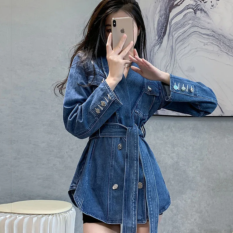 New Fashion High Grade Womens Denim Jacket Spring Autumn Casual Basic Coat Female Korean Loose Motorcycle Jackets Belt Blue Tide