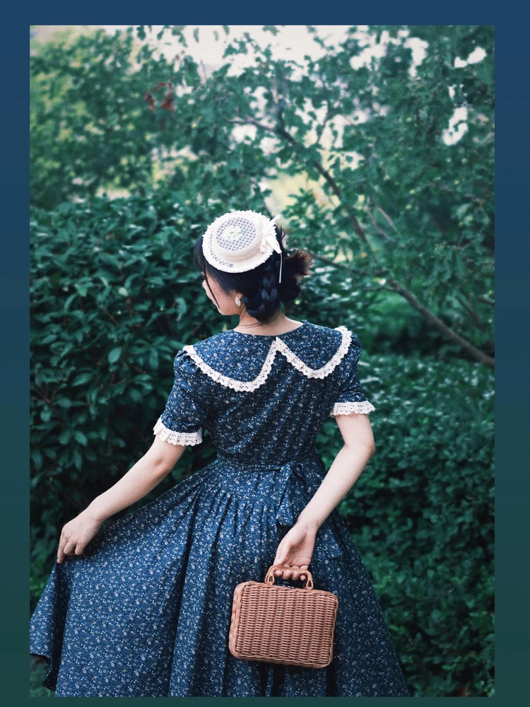 TIYIHAILEY Abito lungo da donna a metà polpaccio Manica corta Blu SL Pizzo di cotone Patchwork Stampato Colletto rovesciato estivo 2025 Nuovo